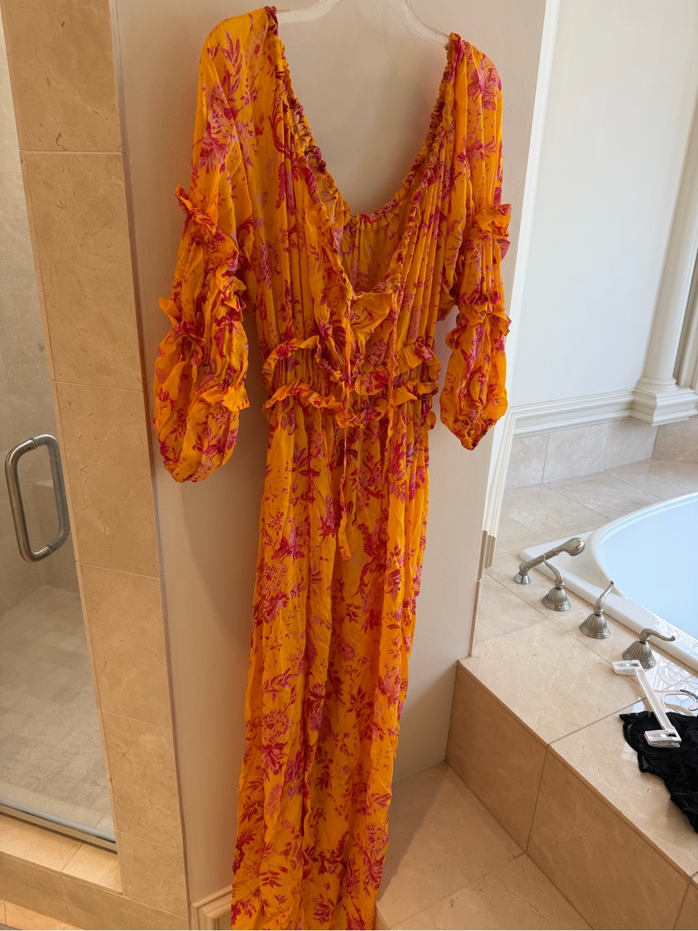 Carolina Herrera Yellow Maxi Dress with Pink Floral Print